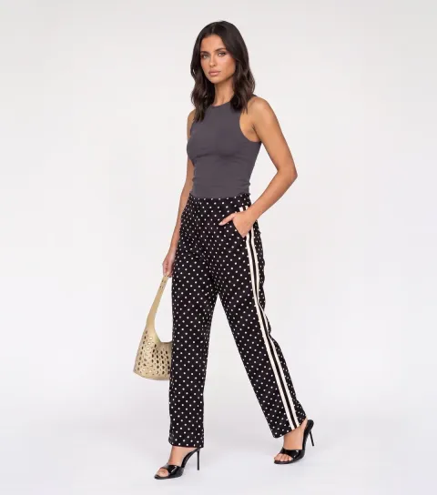 Urban Bliss Women's Black Polka Dot Side Stripe Wide Leg Trousers