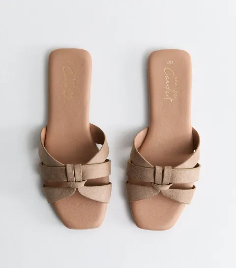 Women's Light Brown Faux Leather Interwoven Strap Flat Sandals Vegan