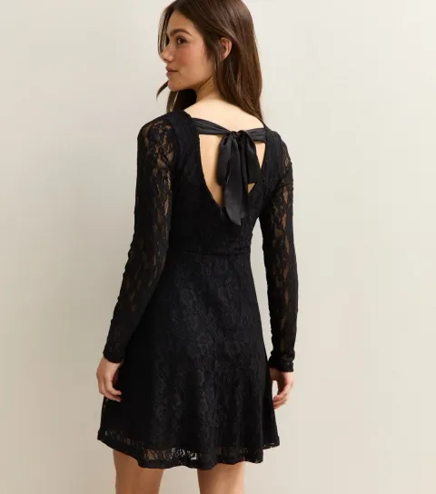 Women's Petite Black Lace Bow Back Mini Dress