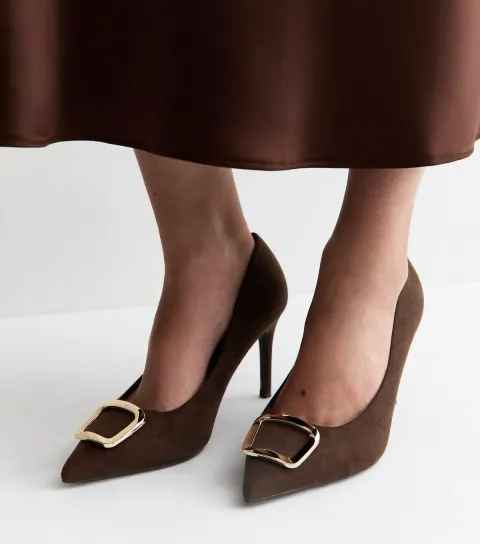 Women's Wide Fit Dark Brown Faux Suede Buckle Front Court Shoes Vegan