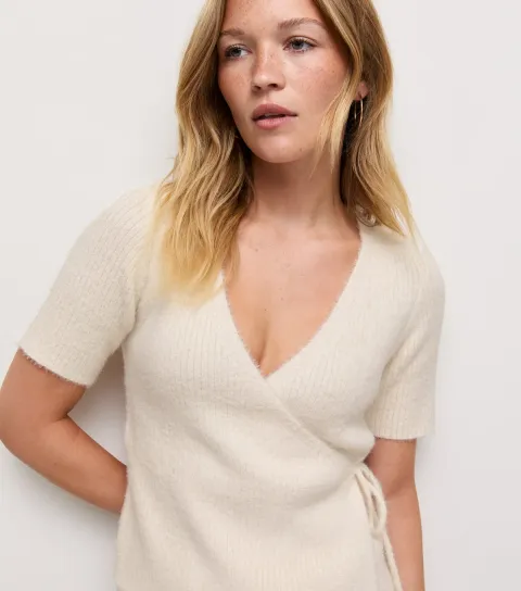 New Look Women's Oatmeal Short Sleeve Fluffy Knit Wrap Front Jumper