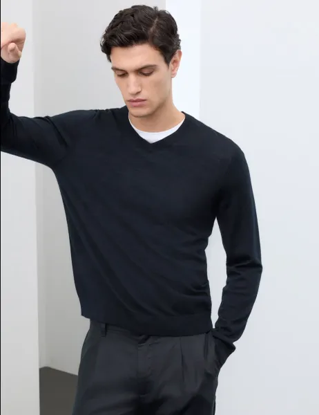 Autograph Pure Extra Fine Merino Wool V-Neck Jumper Dark Navy