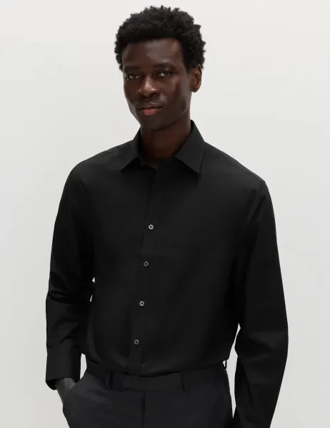 Marks & Spencer Regular Fit Easy Iron Cotton Blend Shirt Black