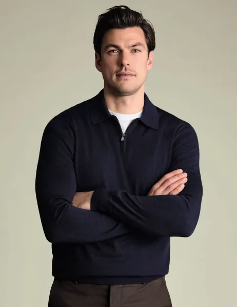 Charles Tyrwhitt Pure Wool Half Zip Knitted Polo Shirt Navy