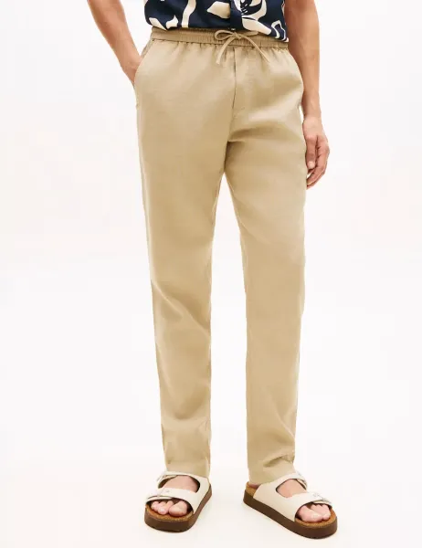 Harlem Sorona Regular Fit Linen Rich Lightweight Trousers Beige