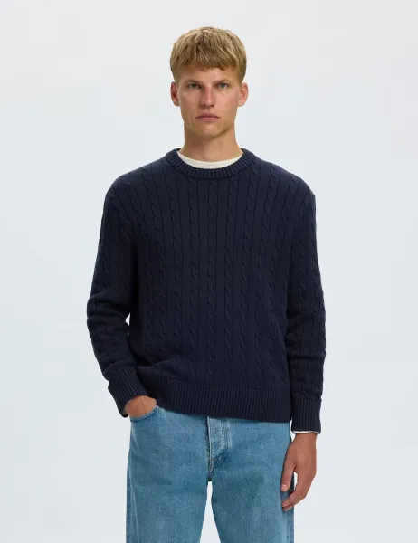 Selected Pure Cotton Cable Knit Jumper Navy