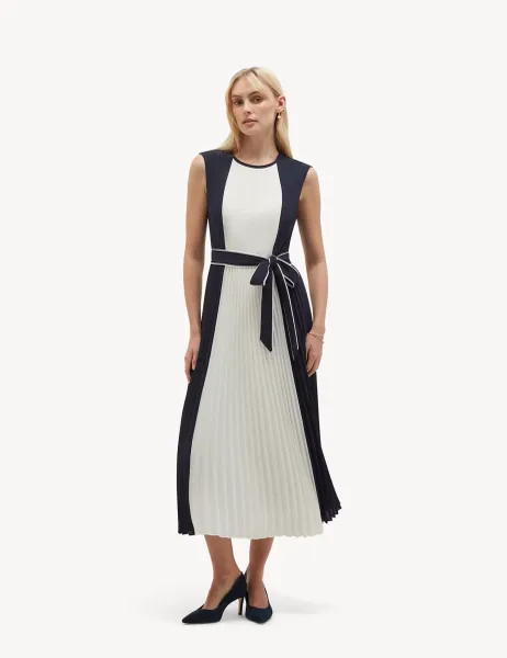 Hobbs Colour Block Tie Waist Midi Skater Dress Blue Mix
