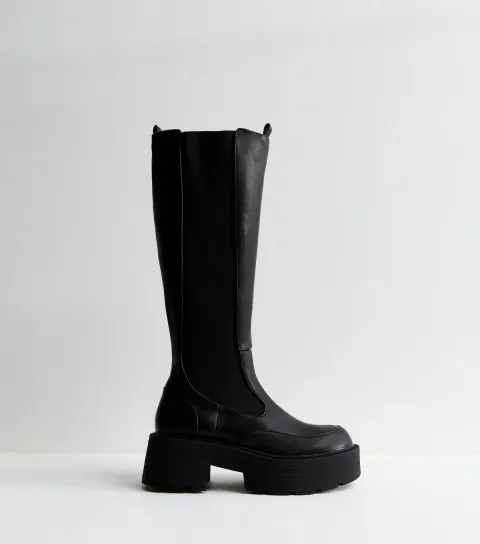 Women's Black Evergreen Faux Leather Platform Knee High Boots