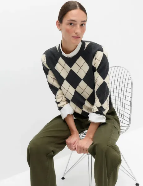 Marks & Spencer Air Yarn Argyle Crew Neck Jumper Charcoal Mix