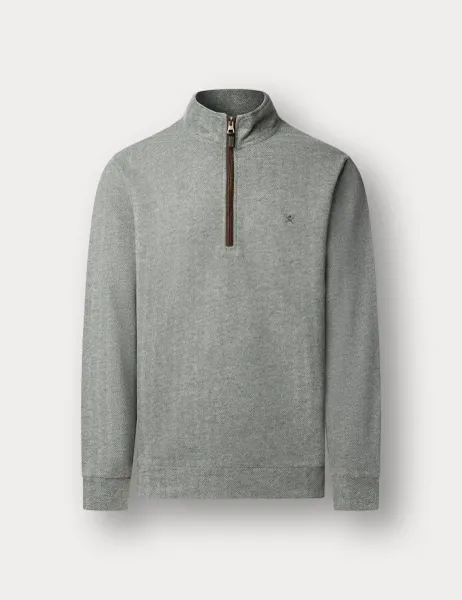 Hackett Cotton Rich Herringbone Half Zip Sweatshirt Grey