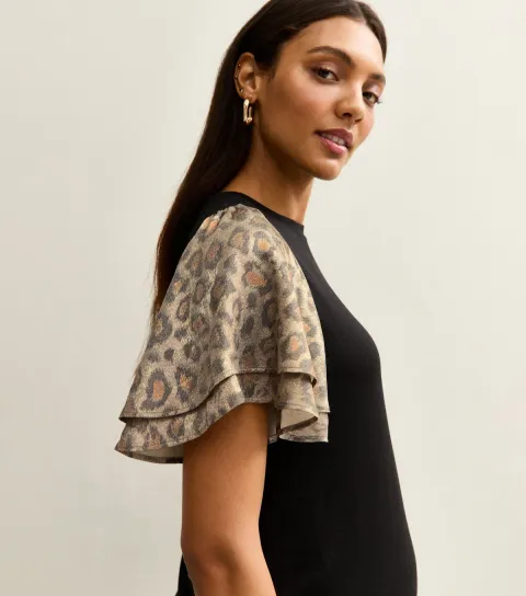 Women's Maternity Black Soft Touch Animal Print Flutter Sleeve Top