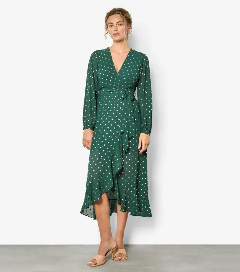 Women's Green Foil Polka Dot Wrap Dress