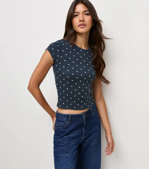 Women's Navy Cotton Rich Polka Dot Baby Tee T-Shirt