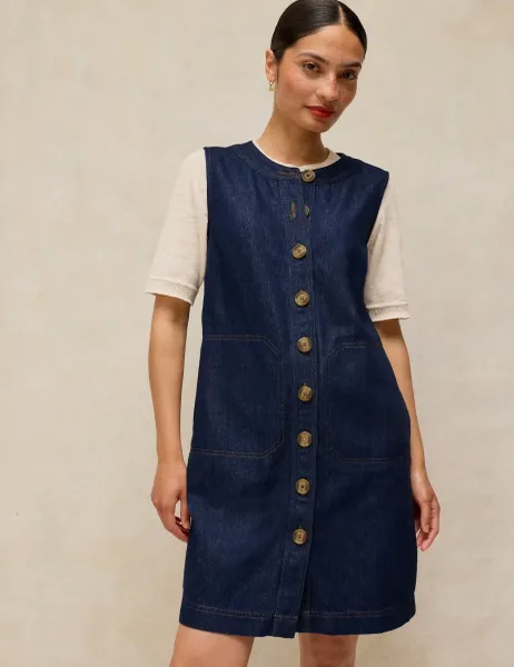 White Stuff Millie Denim Striped Midi Shift Dress Dark Blue Denim