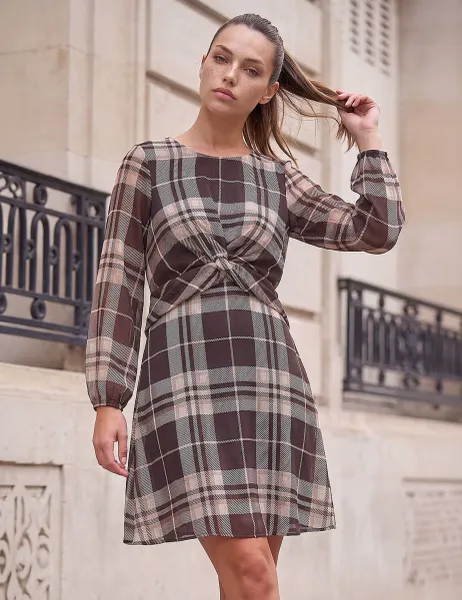 Roman Petite Twist Front Skater Dress Brown Mix