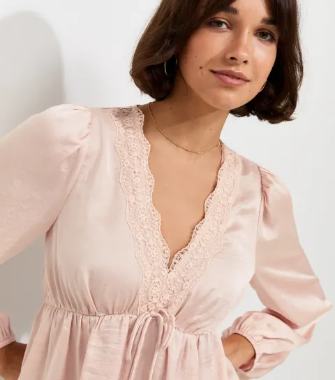 Women's Pale Pink Satin Lace Trim Long Sleeve Blouse