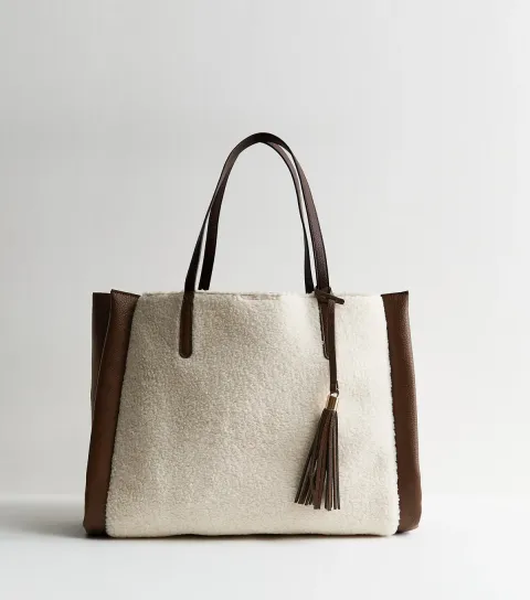 New Look Brown Borg Faux Leather Trimmed Oversized Tote Bag