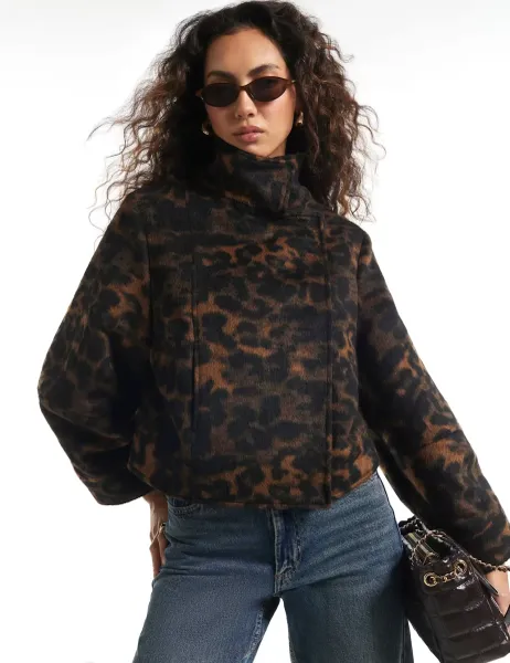 River Island Leopard Print Funnel Neck Oversized Jacket