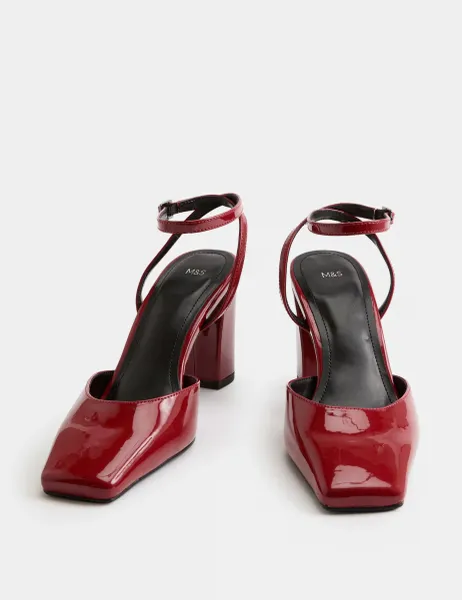 Marks & Spencer Ankle Strap Block Heel Chisel Toe Court Shoes Cherry Red