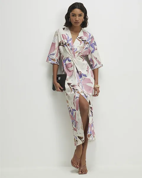 River Island Satin Floral Twist Front Midi Dress
