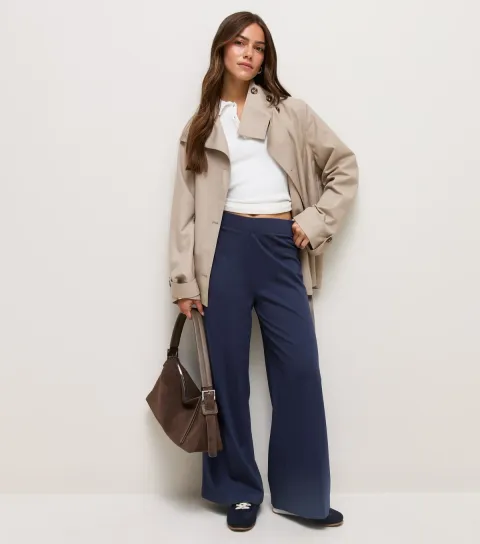 New Look Women's Petite Navy Jersey Wide Leg Trousers