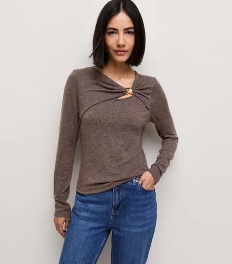 New Look Women's Dark Brown Jersey Long Sleeve Wrap Top