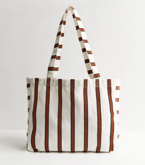 Brown Stripe Print Canvas Tote Bag