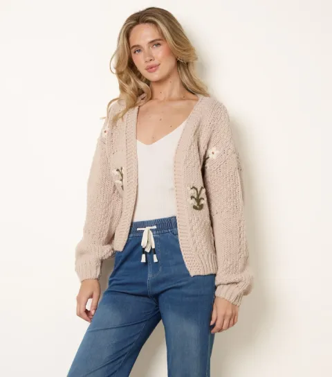 Blue Vanilla Women's Stone Knitted Flower Embroidered Cardigan