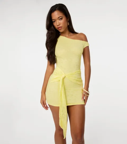 Women's Light Yellow Tie Front Lace Asymmetric Mini Dress