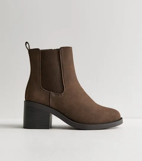 Women's Wide Fit Dark Brown Faux Leather Heeled Chelsea Boots Vegan