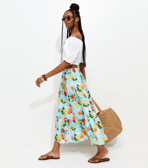 Women's Blue Fruit Print Midi Skirt