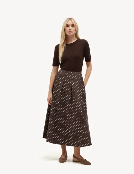 Hobbs Pure Cotton Polka Dot Midi A-Line Skirt Brown Mix