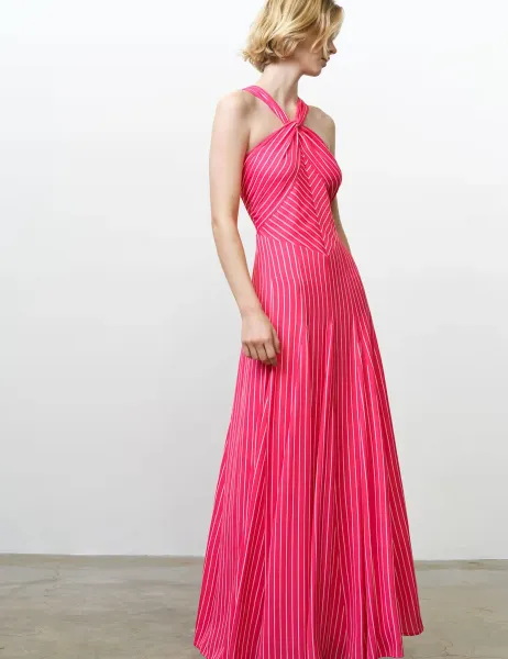 French Connection Striped Halter Neck Midi Skater Dress Pink Mix