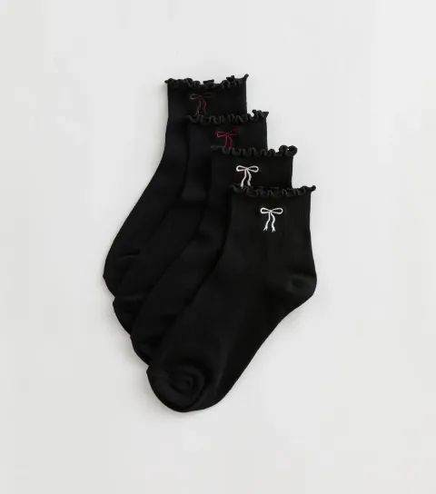 New Look Pack of 4 Black Cotton Rich Bow Embroidered Frill Trim Ankle Socks