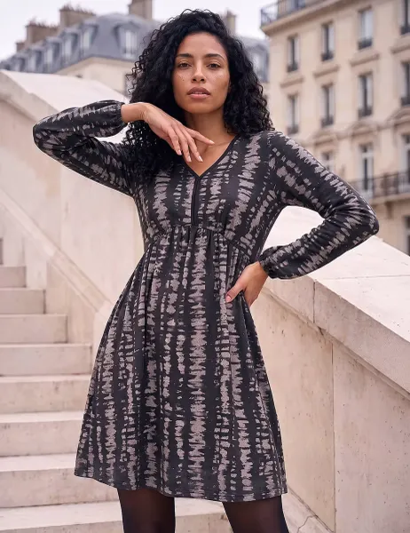 Roman Abstract Print Knitted Empire Line Knee Length Swing Dress Taupe