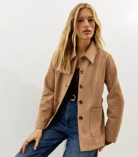Women's Camel Faux Suede Button Through Belted Jacket