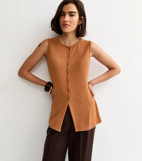 Women's Light Brown Textured Soft Touch Button Front Waistcoat