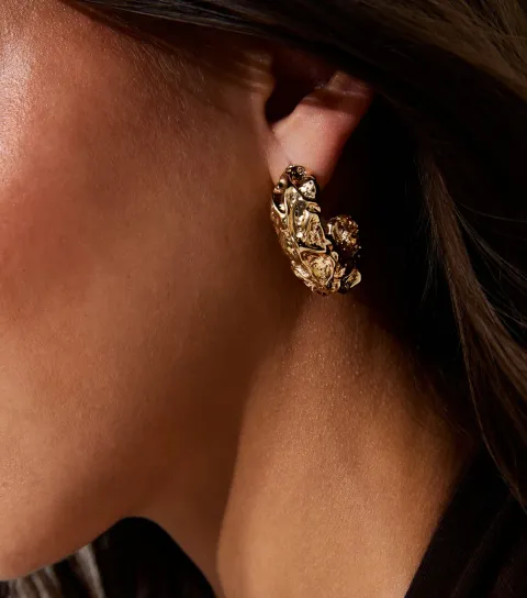Gold Tone Beaten Open Hoop Earrings
