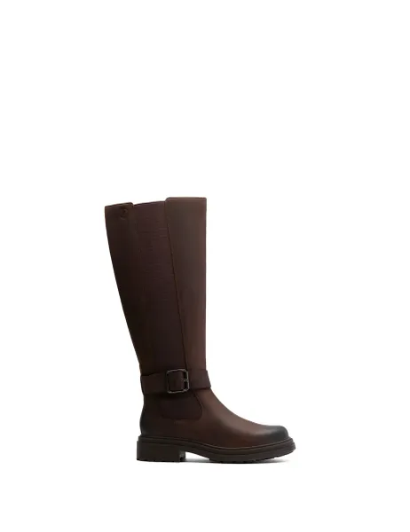 Clarks Leather Buckle Block Heel Knee High Boots Brown