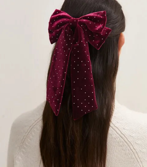 New Look Dark Burgundy Velvet Diamante Bow Hair Slide Clip
