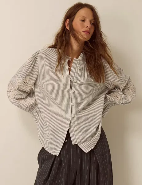 Monsoon Cotton Rich Striped High Neck Shirt with Linen Ivory Mix
