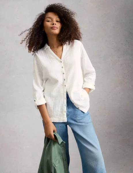 White Stuff Pure Cotton Double Cloth Longline Shirt White