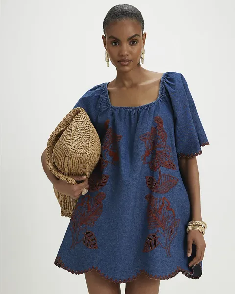 River Island Floral Embroidered Denim Mini Dress