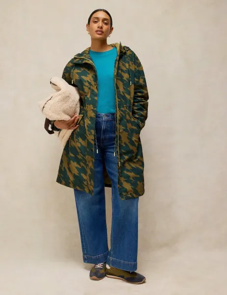 White Stuff Beth Waterproof Printed Hooded Longline Coat Green Mix