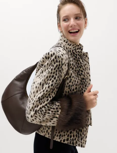 Marks & Spencer Animal Print Faux Fur Trim Funnel Neck Coat