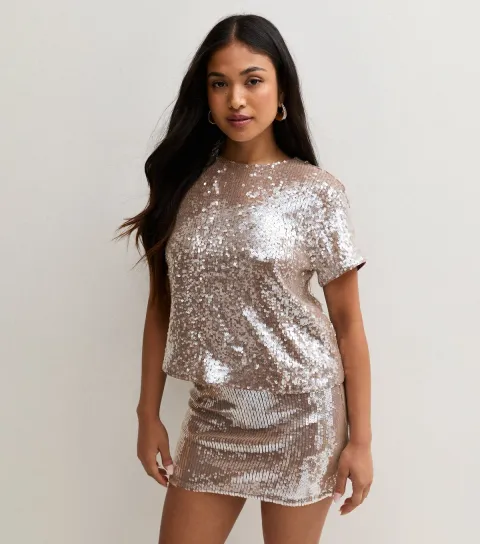 New Look Women's Petite Mink Sequin Short Sleeve T-Shirt