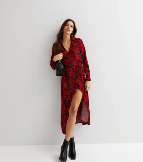 Women's Red Leopard Print Long Sleeve Midi Wrap Dress