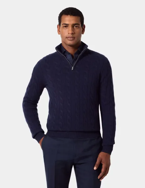 Hawes & Curtis Pure Wool Cable Knit Half Zip Jumper Navy