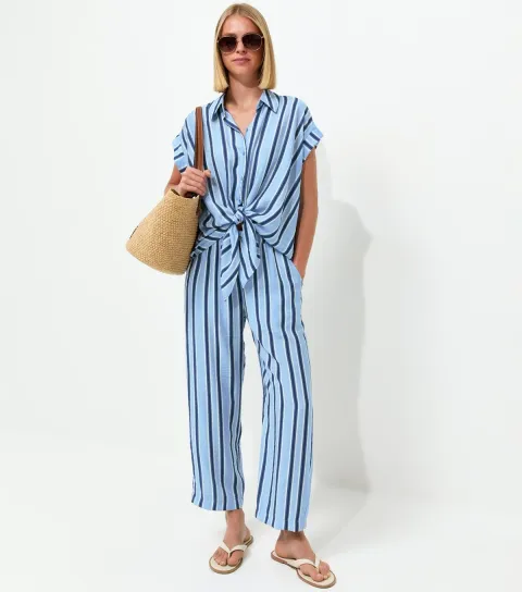 Women's Blue Striped Tapered Trousers