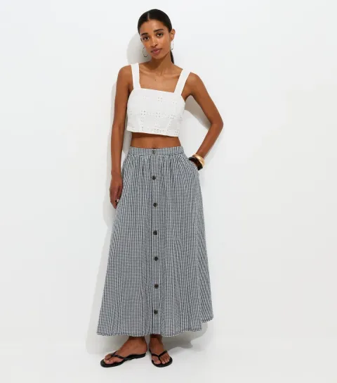Women's Black Gingham Button Through Midi Skirt